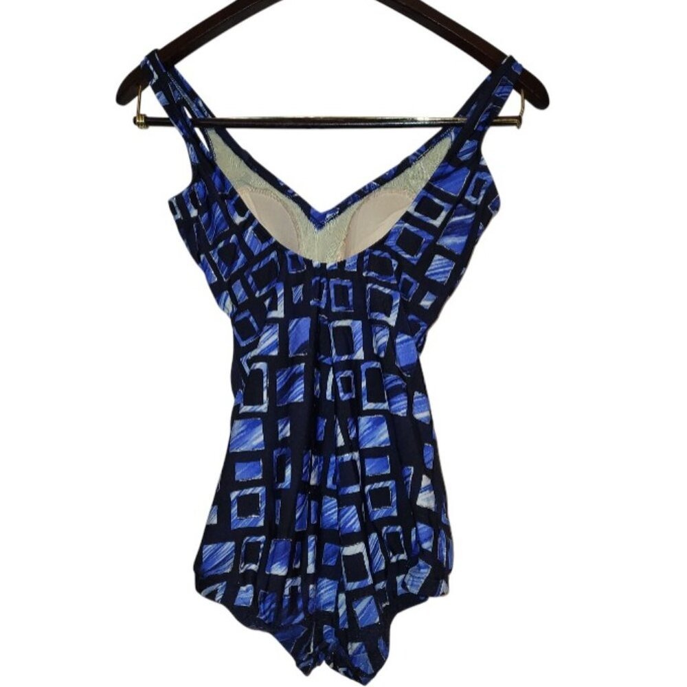 MiracleSuit Slimming Blue Black Pattern One Piece Swimsuit Size 10 - Picture 3 of 7